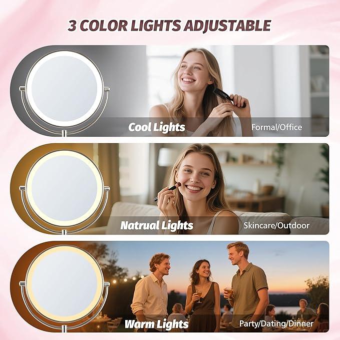 9" Lighted Makeup Mirror, 1X/20X Rechargeable Magnifying Mirror with 3 Color Dimmable Lights for Bedroom Tabletop, Base Charging and Switch, Women Gift - ModernBath