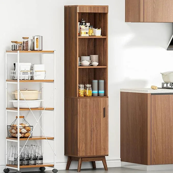 68" Tall Bathroom Storage Cabinet,Narrow Fluted Tower Cabinet with Door and Shelves,Slim Space Saving Storage Unit for Bathroom Kitchen Living Room (Walnut, 11.8" D x 15.75" W x 68" H) - ModernBath