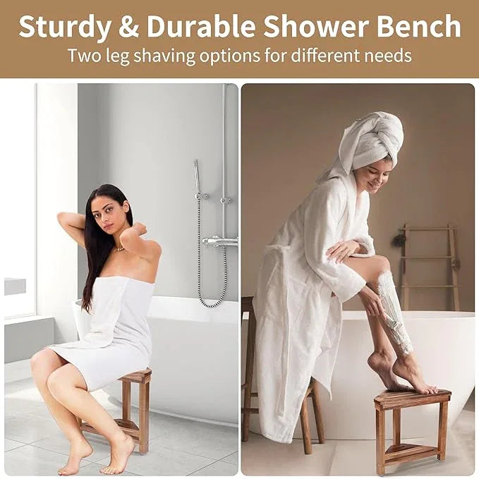 Boulphia Shower Foot Rest 14in, Acacia Wood Shower Stool for Shaving Legs, Waterproof Corner Shower Stool with Storage Shelf for Inside Small Shower Spaces, Wood Color - ModernBath