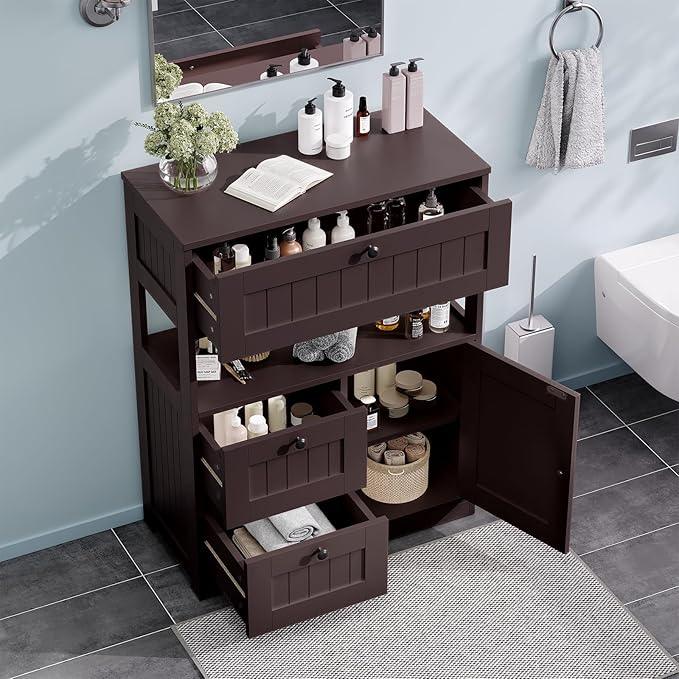 Bathroom Cabinet, Modern Bathroom Floor Storage Cabinet Organizer with 1 Door and 3 Drawers, Freestanding Cupboard for Kitchen/Living Room Use - ModernBath