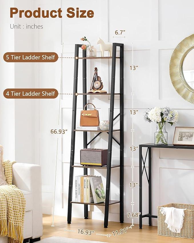 Hoctieon 5-Tier Industrial Ladder Bookshelf, Narrow Ladder Shelf, Tall Standing Bookshelf, Skinny Open Ladder Shelf, for Living Room, Home Office, Kitchen, Bedroom, Metal Frame, Greige - ModernBath