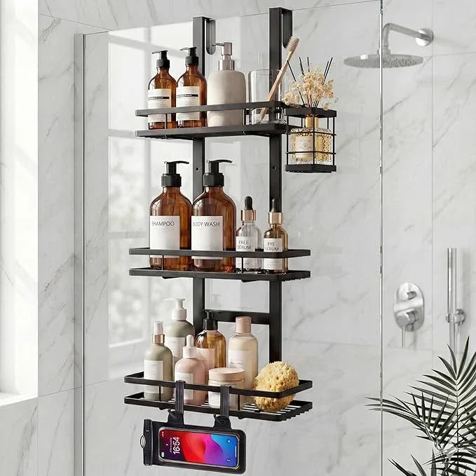 WEYALLE Over the Door Shower Caddy Hanging, Rustproof Shower Shelves with Waterproof Phone Pouch, 3-Tier Adjustable Bathroom Organizers and Storage, No Drilling Shower Shelf, Black Shampoo Soap Holder - ModernBath