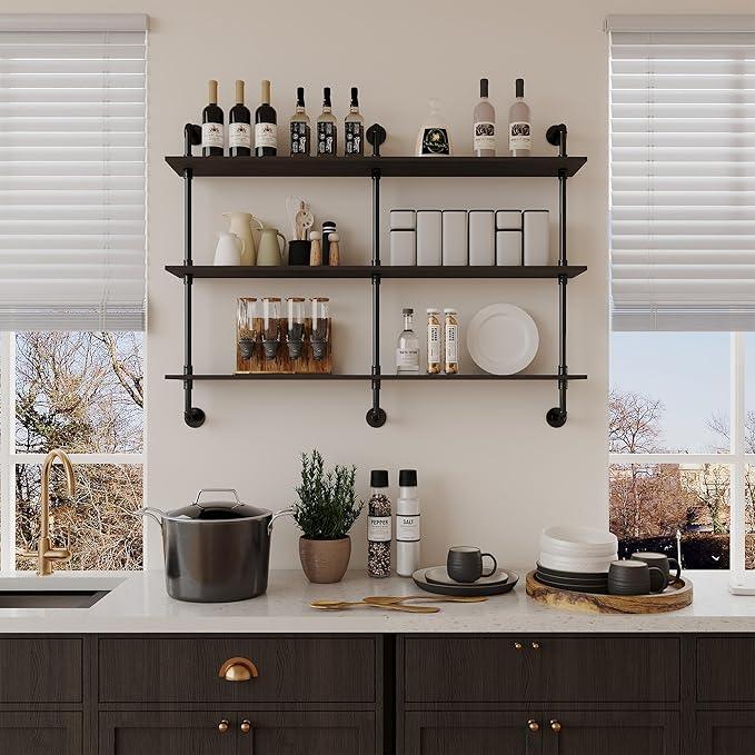 3-Tier Industrial Pipe Floating Shelf – Rustic 48 inch Wood Wall-Mounted Storage Shelf for Kitchen Office,Bathroom & Home Decor -Black - ModernBath