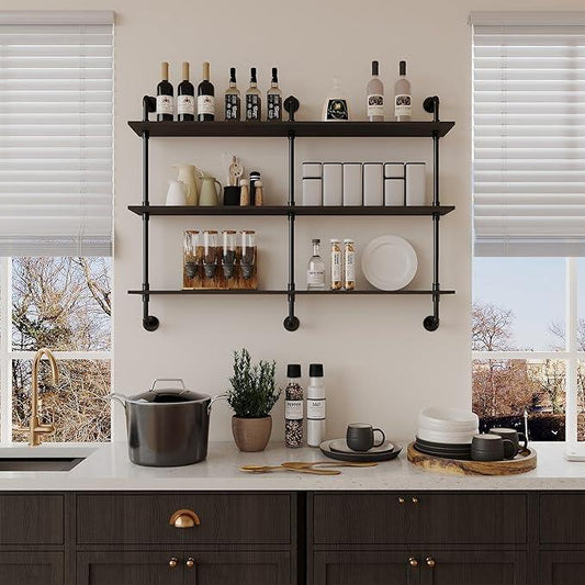 3-Tier Industrial Pipe Floating Shelf – Rustic 48 inch Wood Wall-Mounted Storage Shelf for Kitchen Office,Bathroom & Home Decor -Black - ModernBath