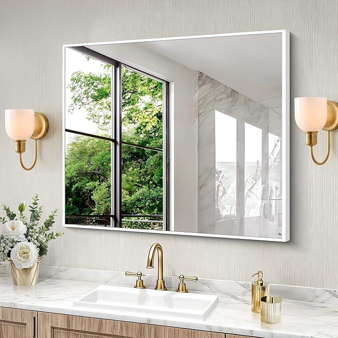 BONEWEI White Bathroom Mirror,30x36 inch Wall Mirror for Bathroom Wall Mounted,Rectangle Mirror for Bathroom Over Sink,Modern Metal Frame for Living Room,Bedroom Entryway,Horizontal/Vertical - ModernBath