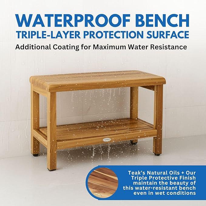 EcoDecors Eleganto 30 Inch Natural Color Waterproof Teak Wood Shower Bench Stool Seat Chair For Inside Shower Provides Safety, Storage, and Organization For Bathroom Accessories - ModernBath