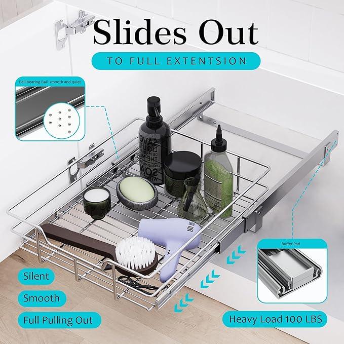 Pull Out Cabinet Organizer 14" W X 22" D, Slide Out Drawers For Kitchen Organizers and Storage, Pull Out Drawers For Cabinets Capacity Heavy Duty Caddy, Cabinet Shelves Chrome-Plated, Bathroom Pantry - ModernBath