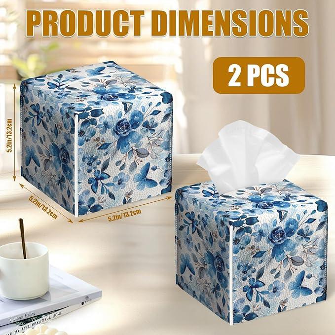Blue Flower Tissue Box Cover 2PCS, Leather Tissue Box Holder Square Facial Paper Case Tissue Box Cube Organizer for Bathroom Bedroom Desk Office - ModernBath