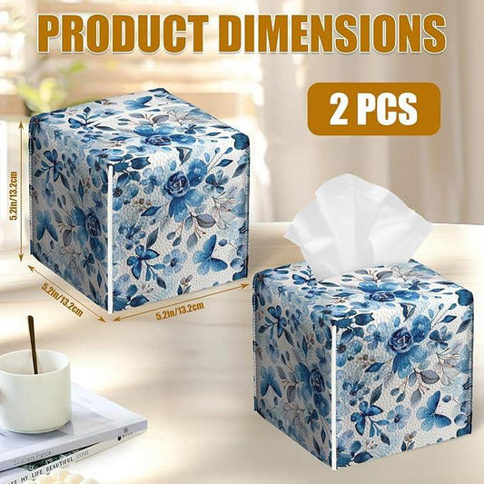 Blue Flower Tissue Box Cover 2PCS, Leather Tissue Box Holder Square Facial Paper Case Tissue Box Cube Organizer for Bathroom Bedroom Desk Office - ModernBath
