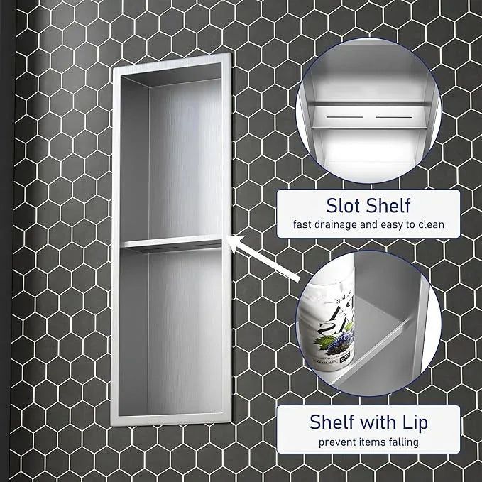 Stainless Steel Shower Niche 24"×8" Brushed with 2-Tier Shelf No Tiled Needed Niche Shower for Bathroom Wall Recessed Shower Box for Bathroom Storage - ModernBath