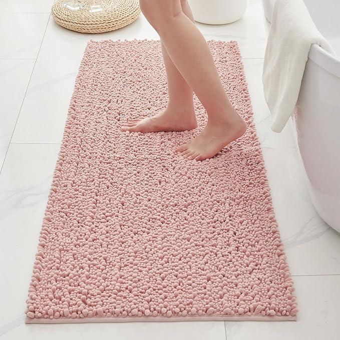 Ruggnovea Chenille Bathroom Rugs Non Slip Washable 44x24, Extra Thick Soft Absorbent Chenille Bath Mat, Non-Slip Barrier Backing, Quick Dry Machine Washable Bath Mats Tub, Shower,Floor/Sink,Pink - ModernBath