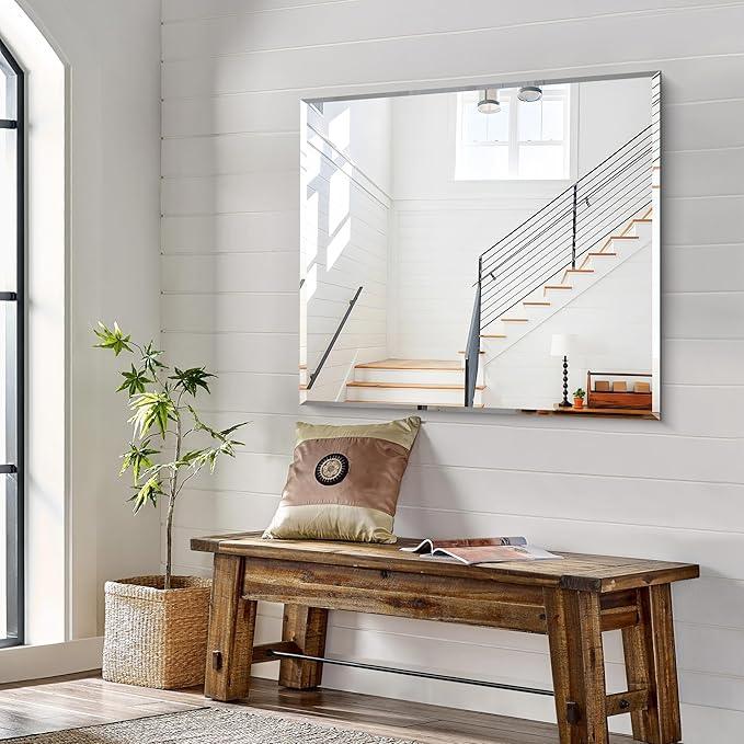 KOCUUY Beveled Mirror, 40x36 Inch Large Frameless Bathroom Mirror for Over Sink, Upgraded Shatterproof Beveled Unframed Design Mirror for Bathroom, Bedroom, Hang Horizontal/Vertical - ModernBath