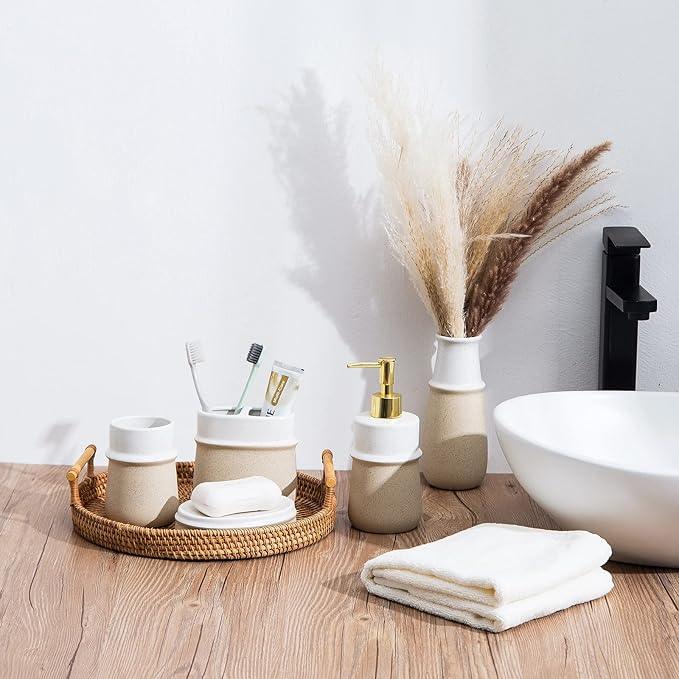 Bathroom Accessories Set,Farmhouse Bathroom Decor,4 Pcs Ceramic Gift Set Apartment Necessities, Contain Toothbrush Cup,Soap Dispenser,Soap Dish,Tumbler,Beige - ModernBath