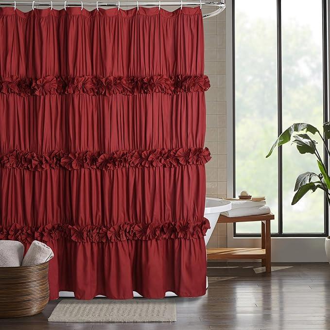 Homechoice Decor Burgundy Ruffle Shower Curtain, Vintage Handcrafted Bow Tie Bath Curtain for Master Bathroom, Ruched Microfiber Bathroom Curtain with 12 Buttonholes, 72" W x 72" H (LQ-10) - ModernBath