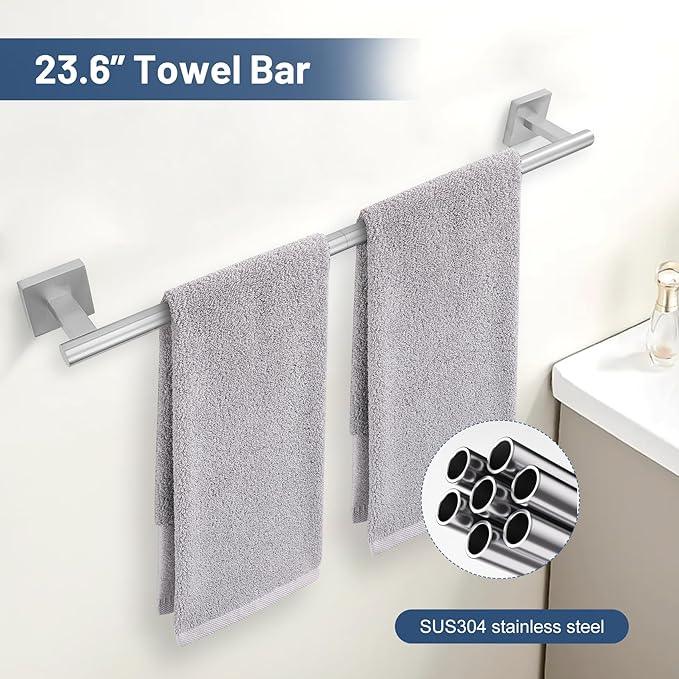 TURS 5-Pieces Brushed Nickel Bathroom Hardware Set 23.6 Inch SUS304 Stainless Steel Towel Bar Set Wall Mounted Square Toilet Paper Holder with Shelf - ModernBath