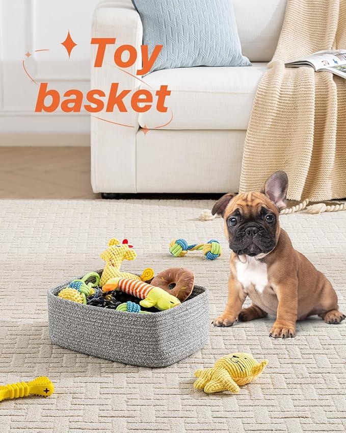 Small Woven Basket, 13.5 x 9.5 x 5 Inches, Storage Basket for Organizing, Cute Small Rope Shelf Closet Cube Storage Bins Baskets for Shelves, Dog Toy Gift Baskets Empty, 3 Packs, Mixed Grey - ModernBath
