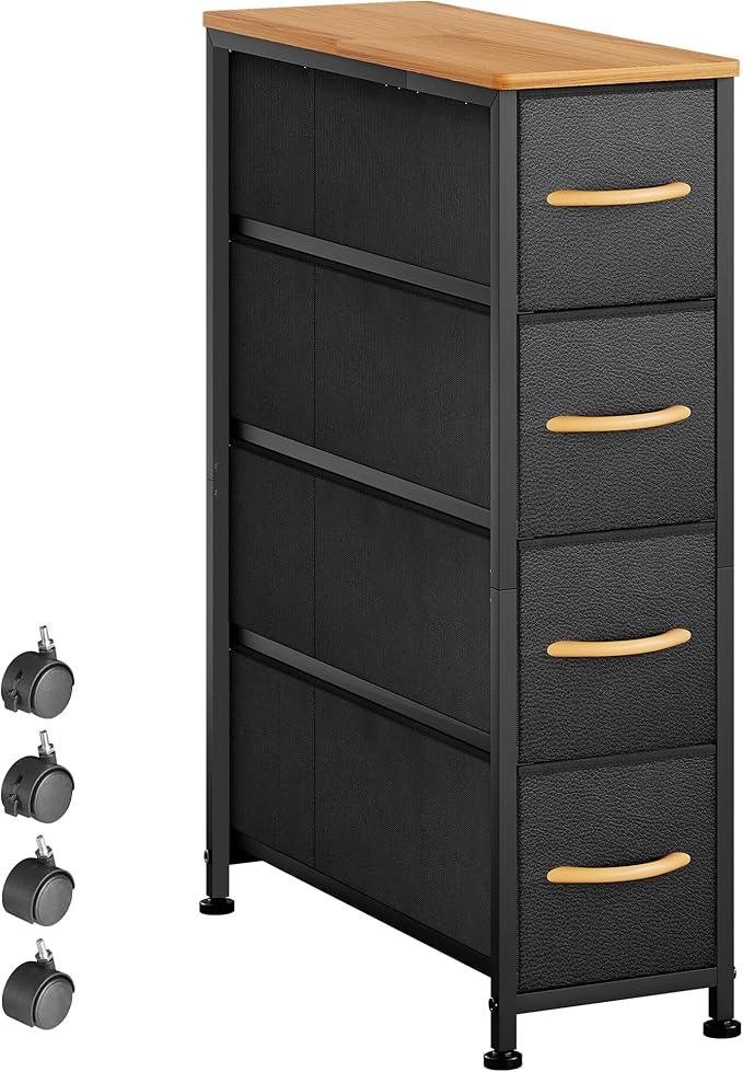 Narrow Dresser Storage Tower with 4 Drawers, Slim Dresser Chest of Drawers with Steel Frame, Wood Top, Dresser for Bedroom, Bathroom, Small Spaces, Laundry, Closet (Black) - ModernBath