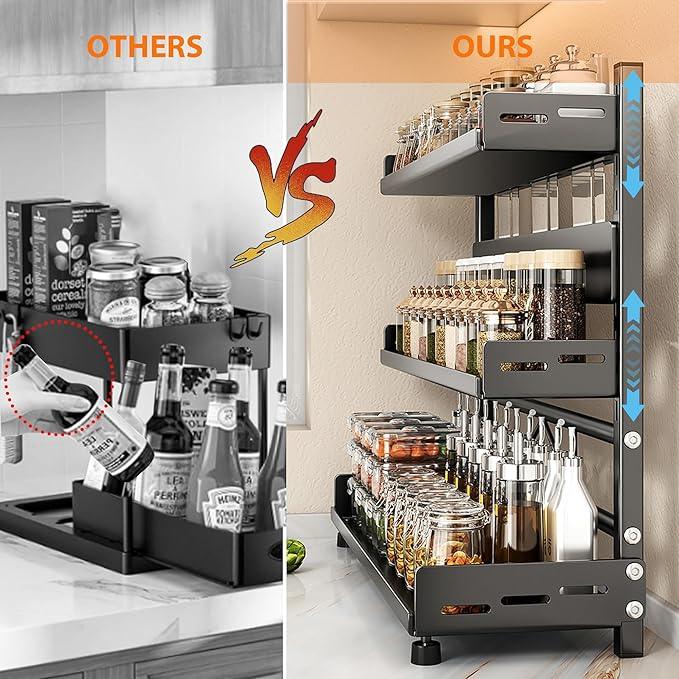 Spice Rack Organizer, 3-Tier Height-Adjustable Kitchen Countertop Spice Organizer Shelf, Metal Rust-Proof Standing Large Seasoning Organizer with Guardrail & Knife Block for Kitchen Bathroom - ModernBath