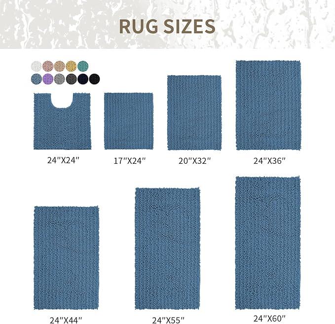 Ruggnovea Chenille Bathroom Rugs Non Slip Washable 70x24, Extra Thick Soft Absorbent Chenille Bath Mat, Non-Slip Barrier Backing, Quick Dry Machine Washable Bath Mats Tub, Shower,Floor/Sink,Blue - ModernBath