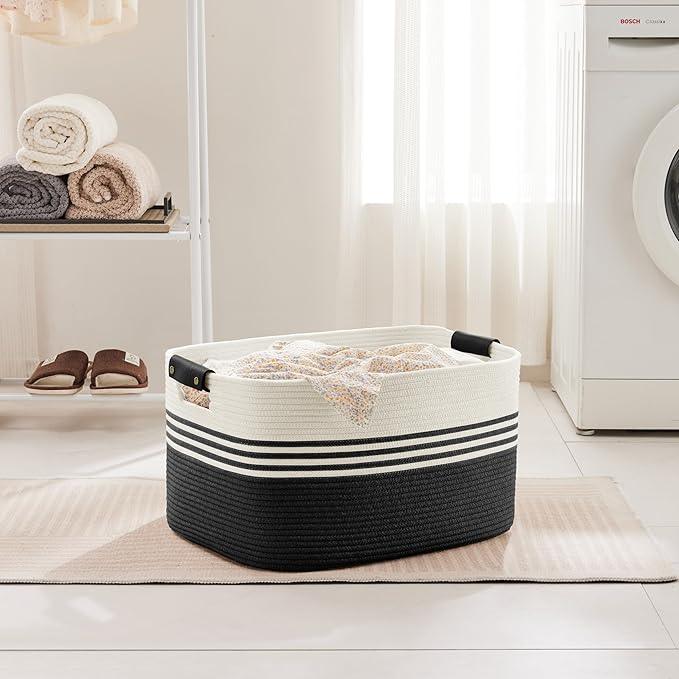 60L Large Laundry Basket with Leather Handles for Living Room Storage, Woven Rope Baskets Bin for Blanket, Kids Toy, Gifts, Wicker Hamper for Bedroom Dirty Clothes, 21"x15"x11" White Black - ModernBath