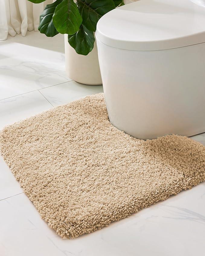 ILANGO Beige Toilet Rugs U Shaped 22" × 24" Non Slip & Super Absorbent Extra Thick Soft, Washable Bath Mats for Bathroom Floor, Plush Shaggy Contour Bath Rugs for Toilet,Dry Quick - ModernBath