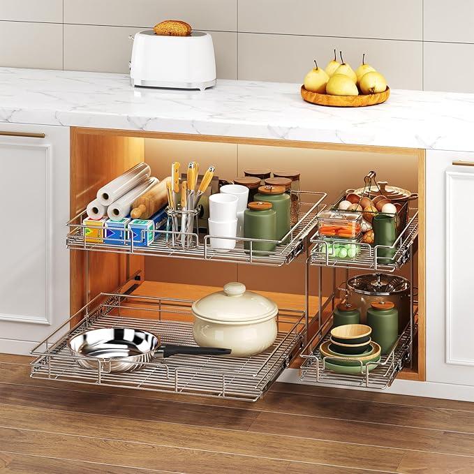 2 Tier Individual Pull Out Cabinet Organizer 31½" W x 21½" D, Heavy Duty Cabinet Pull Out Shelves, Slide Out Drawers Organization for Kitchen Cabinets Bathroom - ModernBath