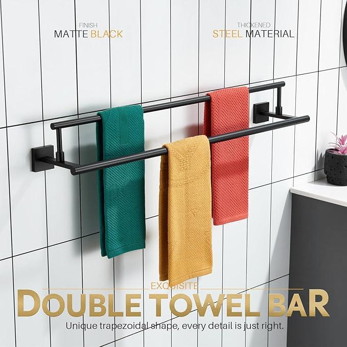 KOKOSIRI Bathroom Towel Bars 32-Inch Double Towel Rails Matte Black Towel Holder Overlength for Kitchen Garage Stainless Steel B5009BK-L32 - ModernBath