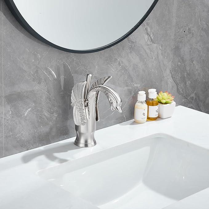 GGStudy Bathroom Faucet Brushed Nickel Swan Single Handle 1 Hole Bathroom Vanity Faucet Basin Tap Deck Mount Lavatory - ModernBath