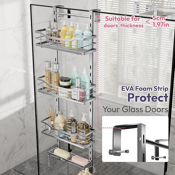 SWTYMIKI Over the Door Shower Caddy - 4 Tier Adjustable Shower Organizer Hanging with Soap Holder, No Drilling Stainless Steel Bathroom Rack Hanging for Body Wash, Shampoo, Soap, Razor, Silver - ModernBath