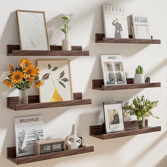 Heimlove Floating Shelves Set of 6, 24" Wall Mounted Picture Ledge, Display Shelf Organizer for Decor Storage, Wall Mounted Shelves for Living Room, Bedroom, Bathroom, Kitchen (Walnut) - ModernBath