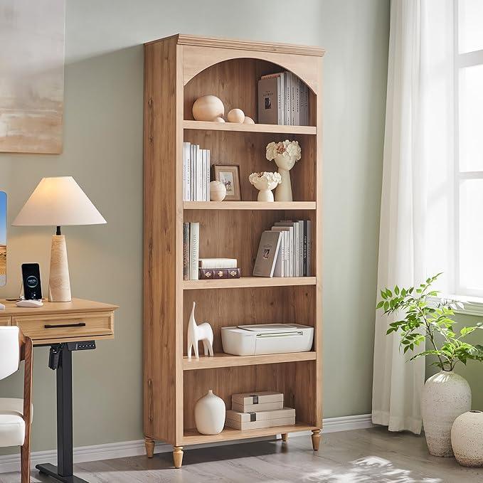 76" Tall Arched Bathroom Storage Cabinet, 5 Tiers Large Farmhouse Arched Cabinet w/Adjustable Shelves, Modern Wooden Storage Cabinet for Bathroom, Living Room, Entryway, Study Room (Natural) - ModernBath