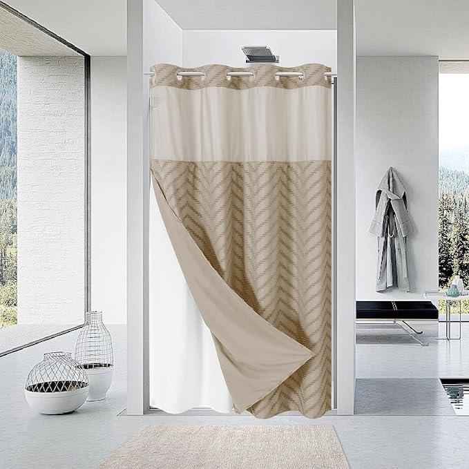 eachope No Hook Boho Farmhouse Shower Curtain with Snap-in Fabric Liner set-54Wx80H(78H),Beige Tufted Chevron Striped Hotel Grade Cloth Shower Curtains for Bathroom with Window,Water Repellent - ModernBath