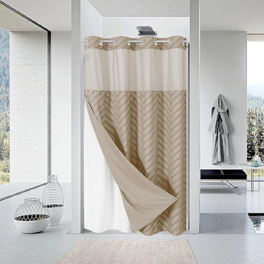 eachope No Hook Boho Farmhouse Shower Curtain with Snap-in Fabric Liner set-54Wx80H(78H),Beige Tufted Chevron Striped Hotel Grade Cloth Shower Curtains for Bathroom with Window,Water Repellent - ModernBath