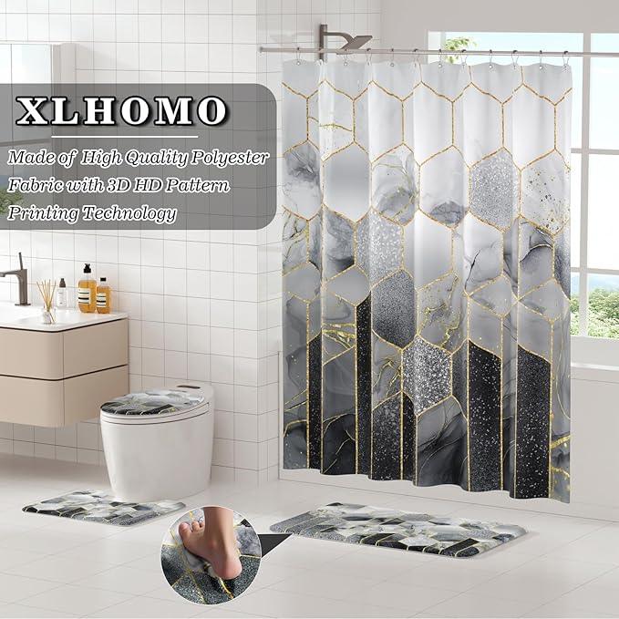 XLHOMO Bathroom Sets with Shower Curtain and Rugs - 4PC Grey Geometric Shower Curtain Set with 12 Hooks, Toilet Cover, U-Shaped Mat and Rugs Modern Abstract Bathroom Accessories for Bathroom - ModernBath
