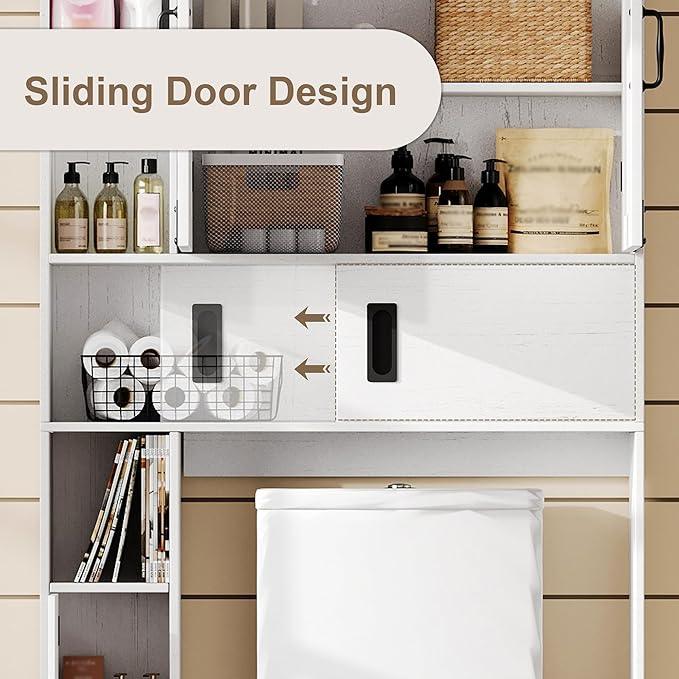 ChooChoo Over The Toilet Storage Cabinet, Farmhouse Bathroom Shelf Over Toilet with Adjustable Shelves, Above Toilet Storage Cabinet with Sliding Door for Bathroom, Laundry Room, Antique White - ModernBath