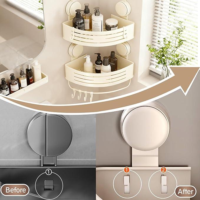 Structoline Corner Suction Cup Shower Caddy(2-Pack Cream White),No-Drilling Aluminum Shower Shelf with Towel Bar & Hooks,Removable Bathroom and Kitchen Storage Organizer - ModernBath