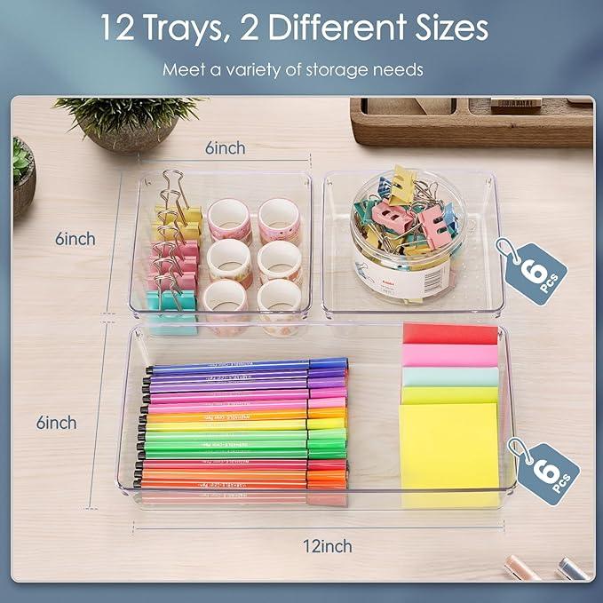 12 Pack Large Clear Plastic Drawer Organizer Set, Acrylic Bathroom Organizer Vanity Trays Dividers, Kitchen Organizers and Storage, Non-Slip Storage Bins for Makeup, Snacks, Office, Desk, Fridge - ModernBath