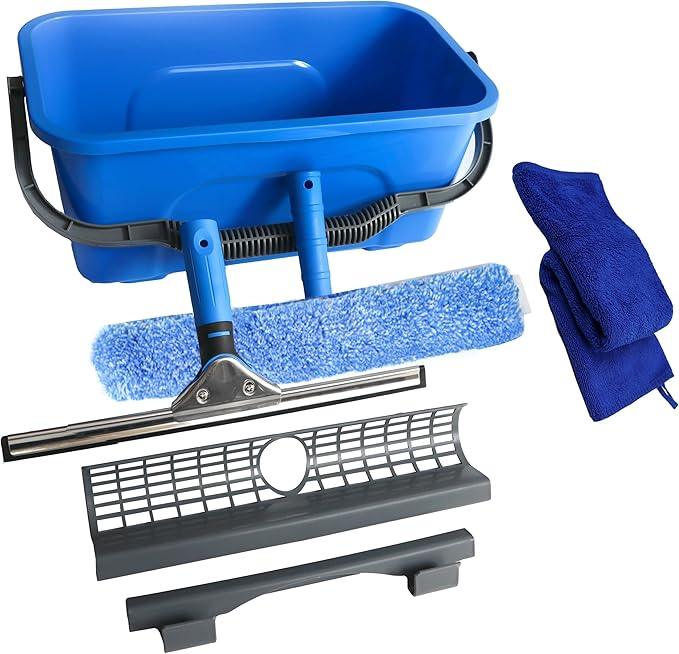 HYCDFCS Squeegee with Shelf Storage for Window Cleaning,Window Cleaning Squeegee kit with Bucket&Microfiber Scrubber,Bathroom,Shower Doors,Mirrors,Tiles,and Car Windows Blue - ModernBath