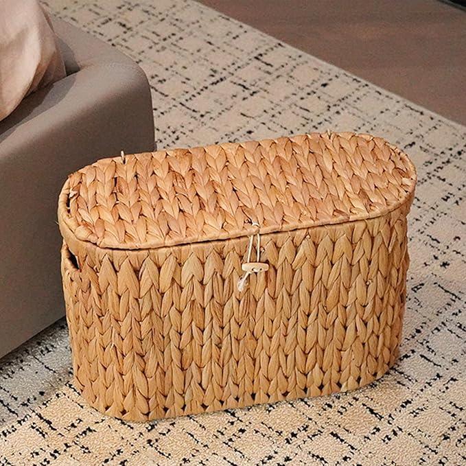 PINXIURY Water Hyacinth Toilet Paper Storage Basket, Bathroom Toilet Organizer with Lid, Woven Toilet Paper Holder for 6 Mega Rolls Bathroom Storage, Magazine Holder for Office, Bedroom - ModernBath