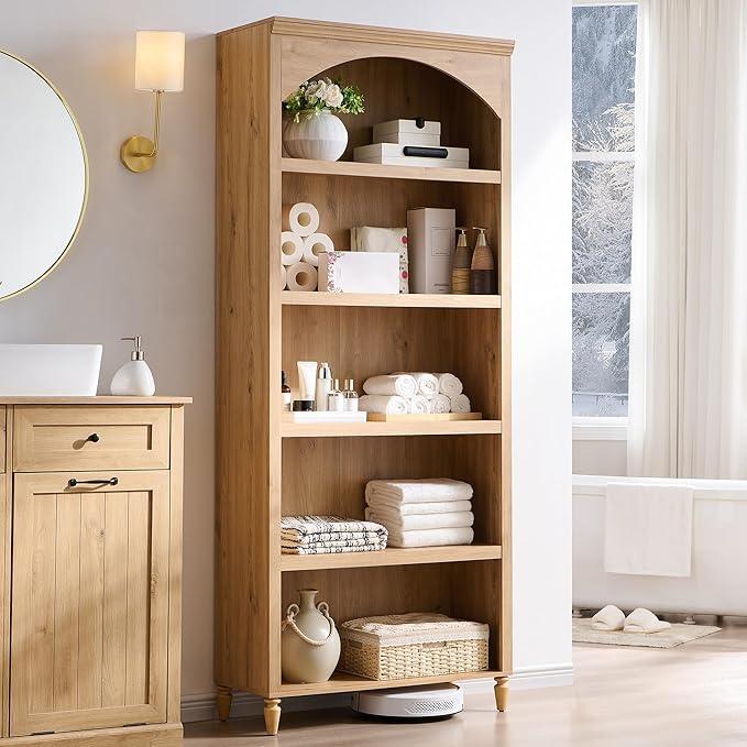 76" Tall Arched Bathroom Storage Cabinet, 5 Tiers Large Farmhouse Arched Cabinet w/Adjustable Shelves, Modern Wooden Storage Cabinet for Bathroom, Living Room, Entryway, Study Room (Natural) - ModernBath