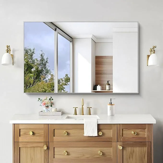 KOCUUY Silver Bathroom Mirror, 48"x30" Rectangle Bathroom Mirror for Wall, HD Tempered Glass, Anti-Rust Brushed Silver Frame, Modern Design for Bathroom, Bedroom, Living Room, Entryway. - ModernBath