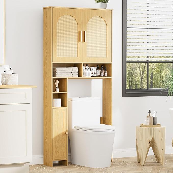 Homhedy 67" H Over The Toilet Storage Cabinet, Boho Bathroom Organizer with Rattan Decorated Doors, Adjustable Shelves, Toilet Paper Holder, Space-Saving Bathroom Shelf for Small Spaces, Natural - ModernBath