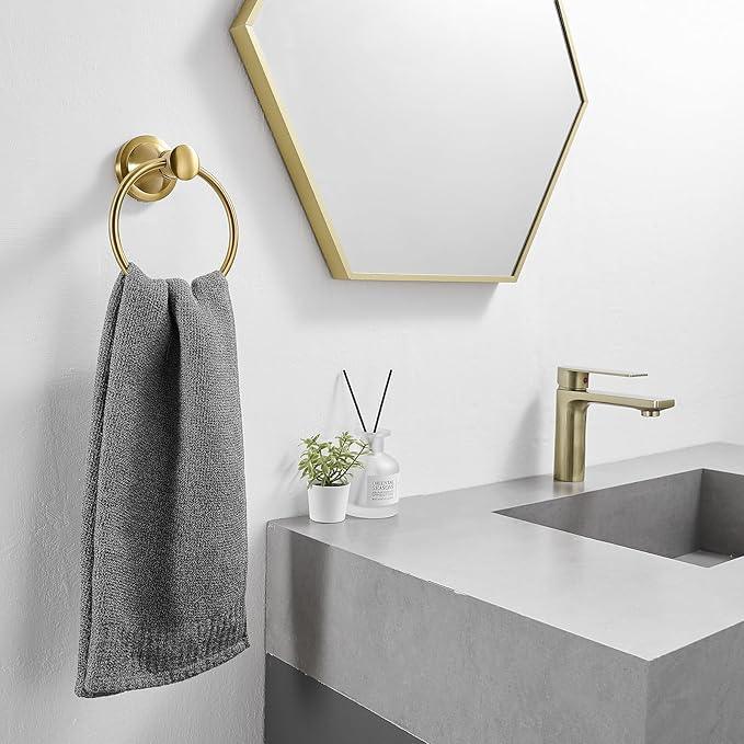 BESy Brushed Gold Bathroom Hand Towel Ring Towel Holder, Rustproof Wall Mounted Bathroom Hardware Accessory SUS 304 Stainless Steel Towel Rack - ModernBath