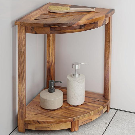 HOLANA 18" Teak Corner Shower Stool for Inside Shower – Teak Corner Shower Bench with Storage Shelf – Shower Foot Rest and Shower Stool for Shaving Legs – Compact Teak Shower Stool for Indoor Use - ModernBath