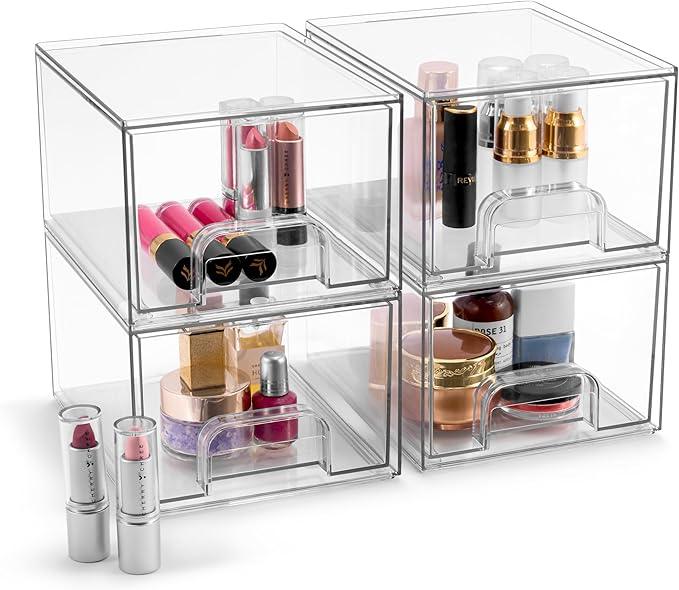 Sorbus Acrylic Storage Containers - 4 Pack, Stackable Storage Bins Set for Bathroom Organization - Clear Acrylic Drawer Organizers - Makeup Case Pull-Out Drawers (4.4’’ Tall) - ModernBath