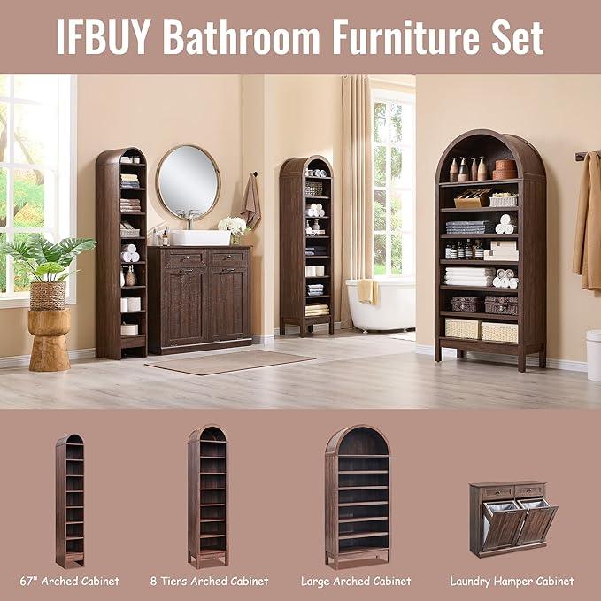 71" Tall Arched Bathroom Storage Cabinet, 7-Tier Modern Farmhouse Storage Cabinet with Adjustable Shelves, Wood Freestanding Cabinet for Bathroom, Living Room, Entryway, Hallway-Brown - ModernBath