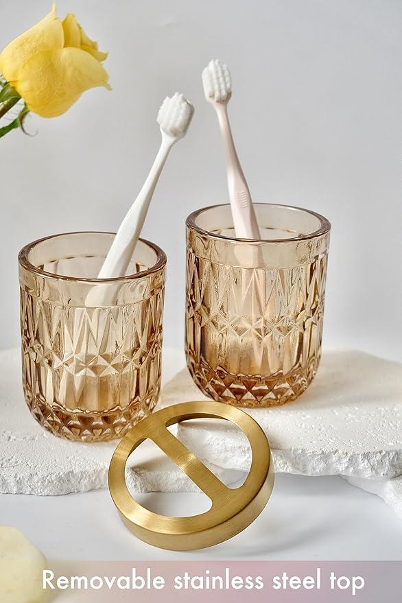 LaMarriti Brown Bathroom Accessories Set, 5Pcs Clear Glass Bathroom Accessories, Lotion Soap Dispenser, Toothbrush Holder Set, Soap Dish, Qtip Holder, Tumbler for Vintage Bathroom Decor, Gift Set - ModernBath