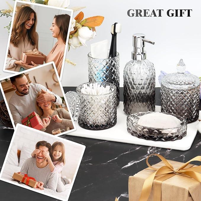 Bathroom Accessories Set, 5Pcs Bathroom Soap Dispenser Set, Glass Bathroom Accessories with Glass Soap Dispenser, Soap Dish, Toothbrush Holder, Tumbler, Qtip Holder - ModernBath
