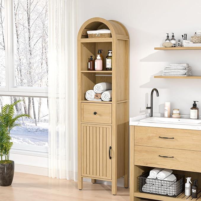64" Tall Bathroom Storage Cabinet with Adjustable Shelves,Tall Narrow Arched Freestanding Tower Cabinet with Fluted Doors and Drawers,Space Saving Organizer for Bathroom Living Room (Oak) - ModernBath