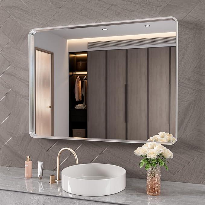 JISOSO Brushed Nickel Bathroom Mirror 48x30 Inch, Brushed Silver Metal Frame Mirror Wall Mounted, Rounded Rectangle Bathroom Vanity Mirror, Tempered Glass, Anti-Rust, Horizontal/Vertical - ModernBath